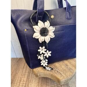 Leather Purse Charm Black White Flower Charm Genuine Leather Bag Charm NEW!